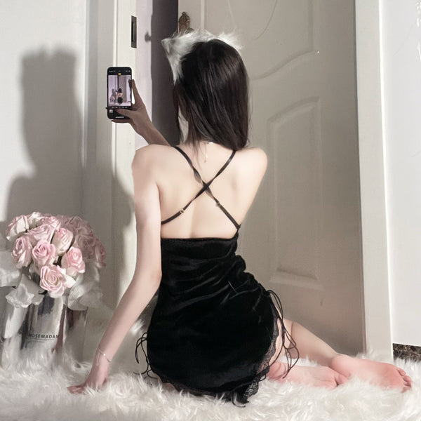 Lrregular velvet slit skirt AN0453