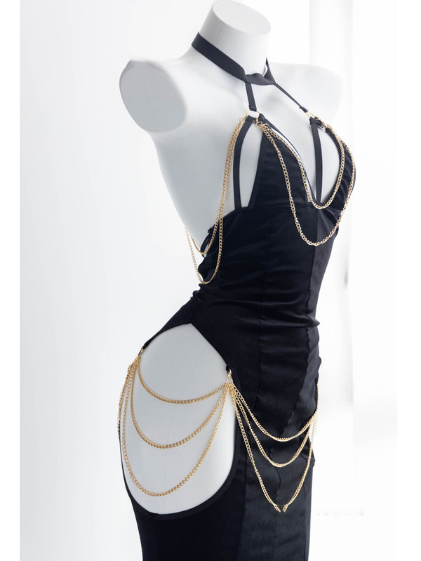 Sexy open-chested strappy hip-revealing crotch fishtail dress z041