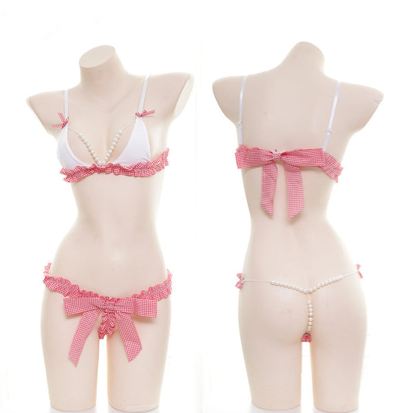 Sexy Pink Plaid Pearl Bikini Pajama Set  YC21339