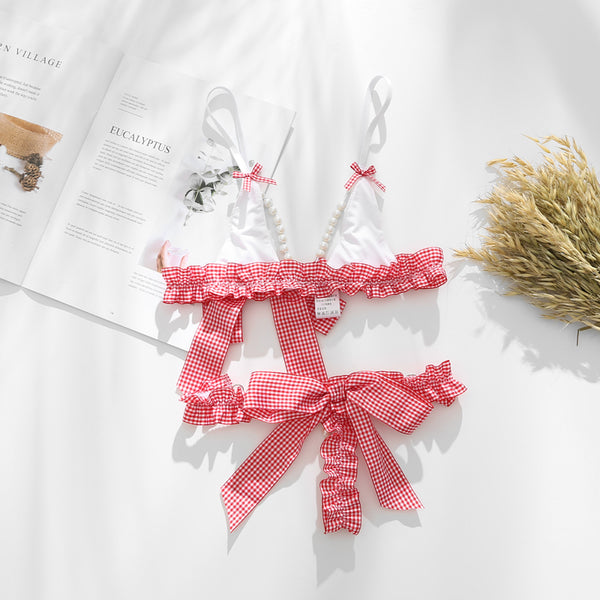 Sexy Pink Plaid Pearl Bikini Pajama Set  YC21339