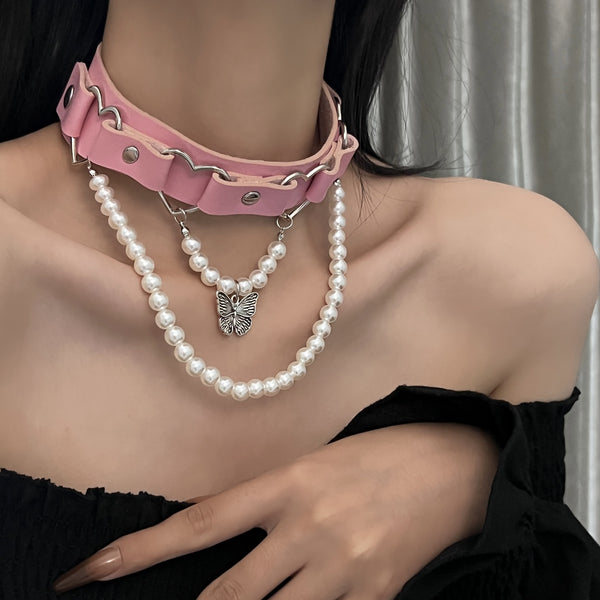 PUNK STUD BUTTERFLY PEARL CHOKER YV47396