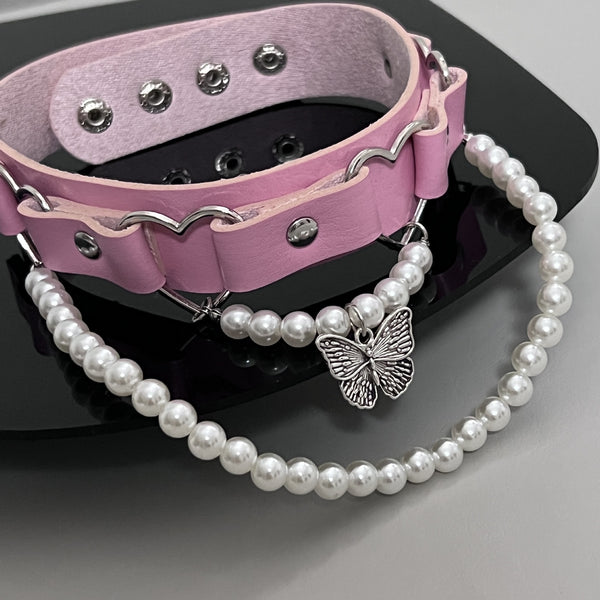 PUNK STUD BUTTERFLY PEARL CHOKER YV47396