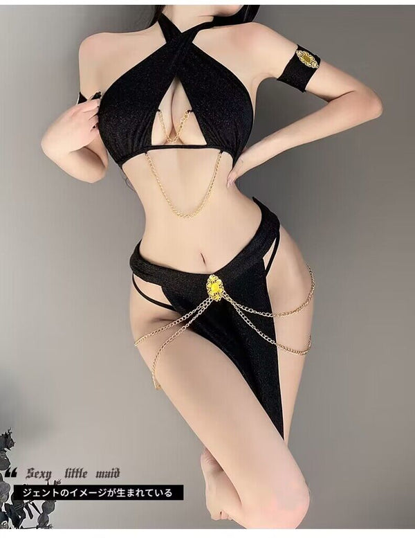 Black gold cat girl cosplay exotic dancer uniform   yc50337