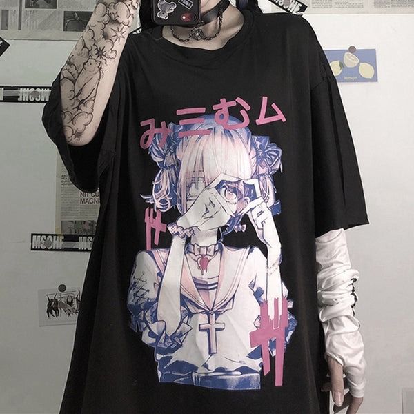 Dark anime print short sleeve T-shirt yc23440