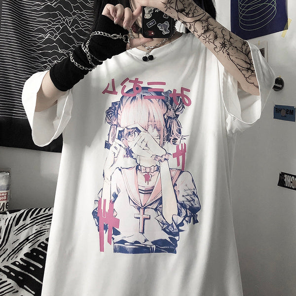 Dark anime print short sleeve T-shirt yc23440