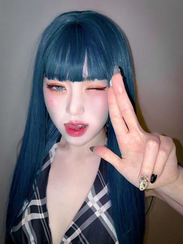 Lolita blue long straight curly wig yc23740