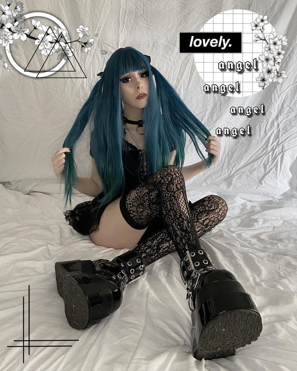 Lolita blue long straight curly wig yc23740