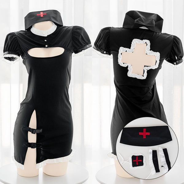 Sexy nurse dark uniform dress set yc23423
