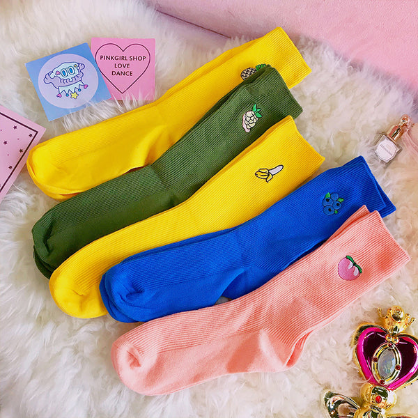 College style fruit pattern embroidered cotton socks yc23323