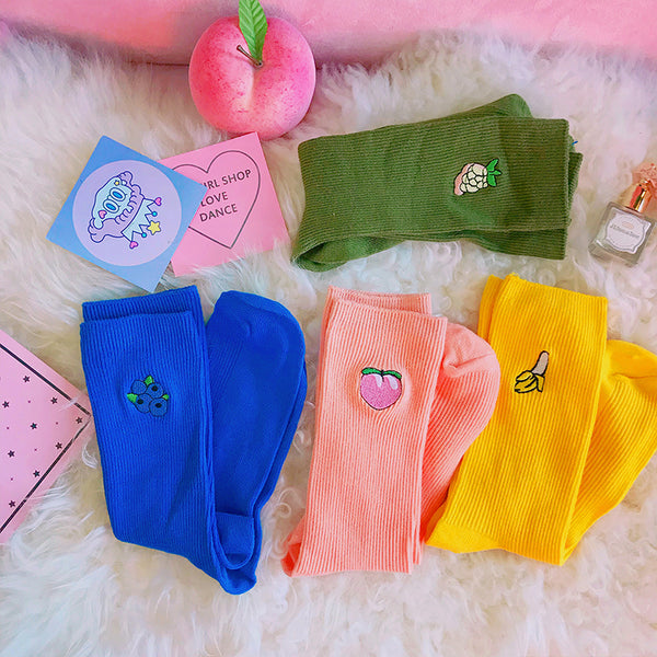 College style fruit pattern embroidered cotton socks yc23323