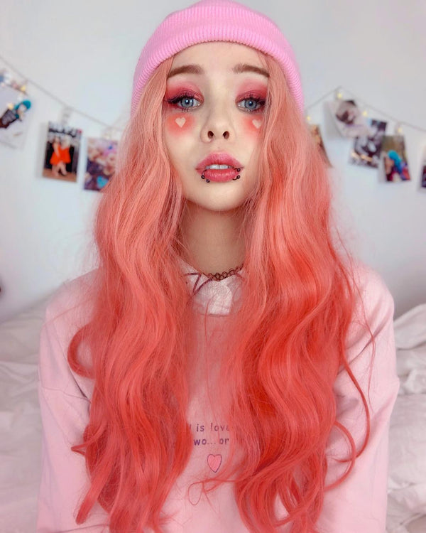 Lolita Pink red Gradient Curly Wig YC20359