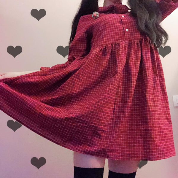 Japanese Vintage Plaid Long Sleeve Dress yc20600