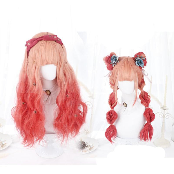 Lolita Pink red Gradient Curly Wig YC20359