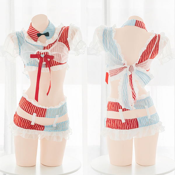 Sweet red blue striped underwear set yc23599