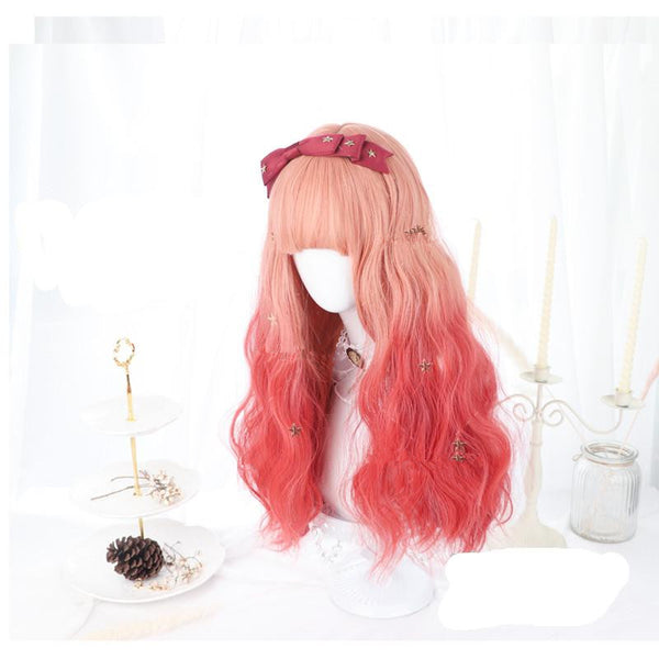 Lolita Pink red Gradient Curly Wig YC20359