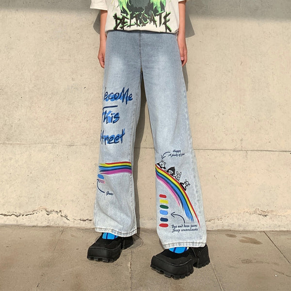 Fashion casual rainbow letters graffiti denim pants yc23195