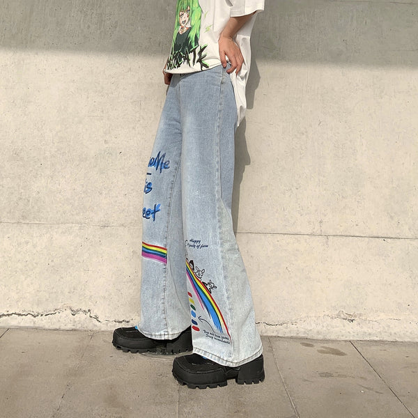 Fashion casual rainbow letters graffiti denim pants yc23195