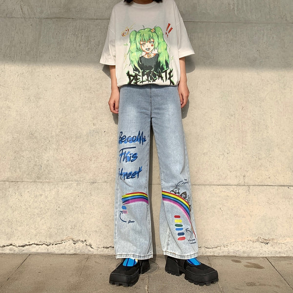 Fashion casual rainbow letters graffiti denim pants yc23195