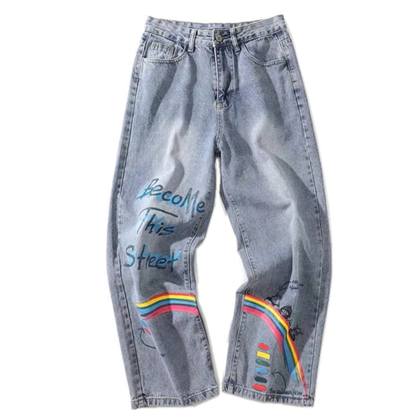 Fashion casual rainbow letters graffiti denim pants yc23195
