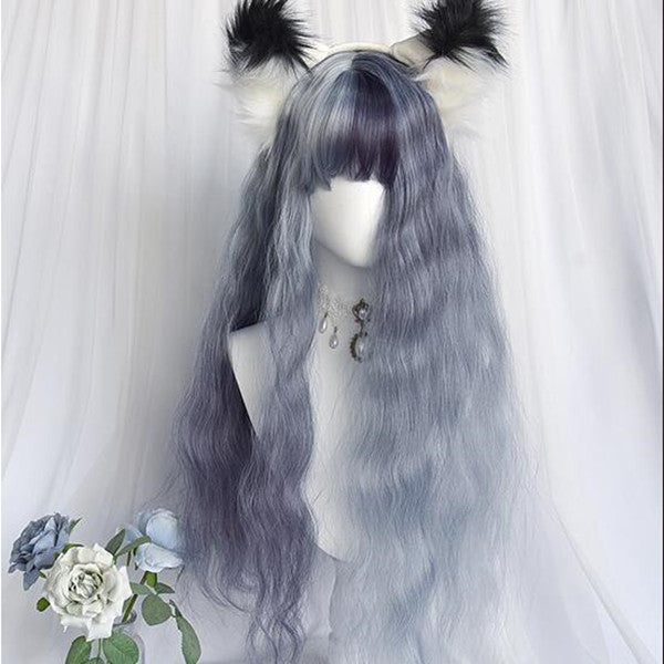 Dark dark gray light gray long curly hair YC24040