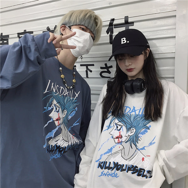 Harajuku Cool Anime Print Long Sleeve T-shirt yc23477