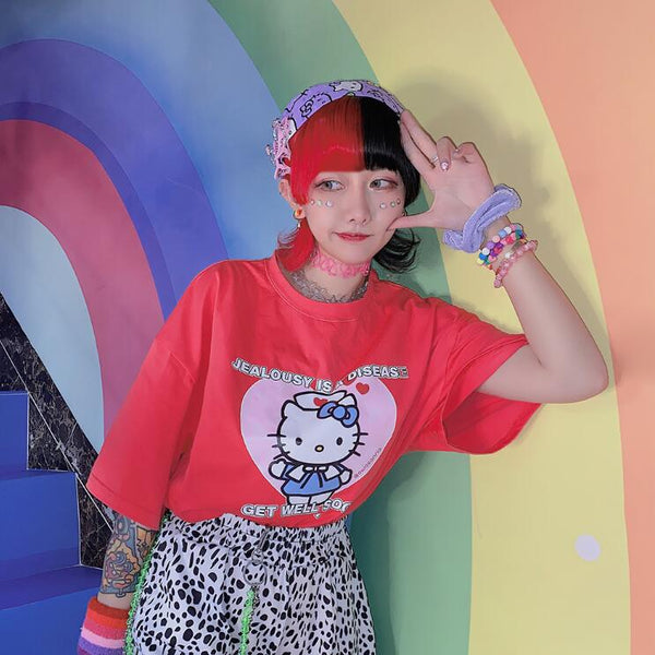 Harajuku Kitty Summer Print T-shirt yc23434