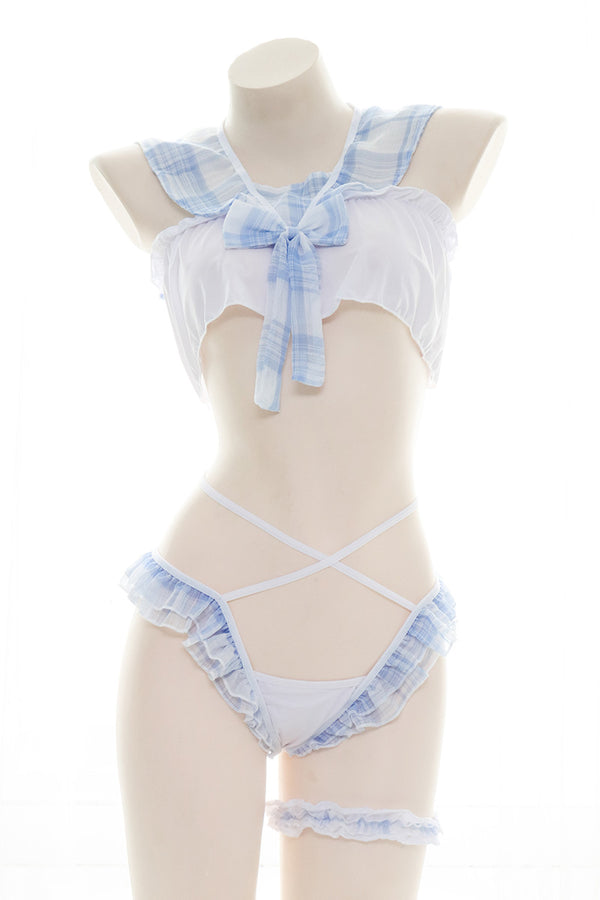 Sexy blue plaid bow knot maid outfit YC24323
