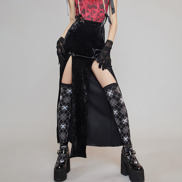 Dark bow velvet slit skirt yc50119
