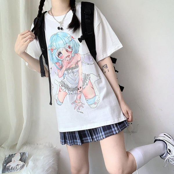 White anime print T-shirt YC24198