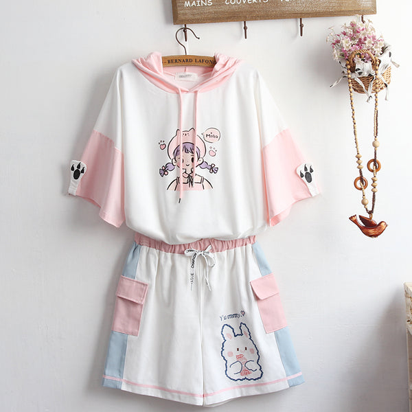 Cute printed embroidered hoodie + shorts YC24361
