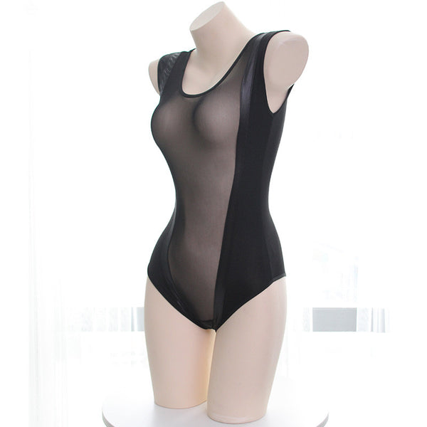 Semi-permeable mesh dark button swimsuit   YC21346