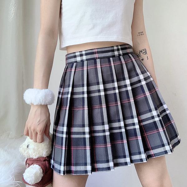 Gray pink plaid high waist pleated skirt YC24208