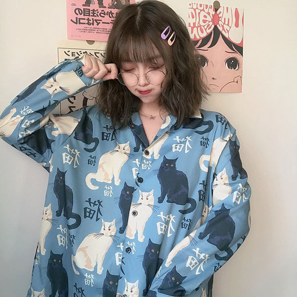 Japanese cat print shirt yc22648