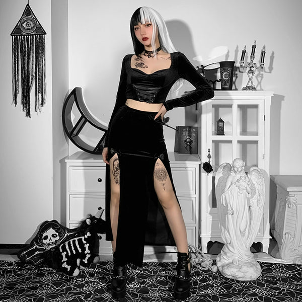 Dark bow velvet slit skirt yc50119
