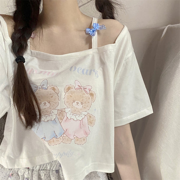 Japanese bow bear print T-shirt yc50147