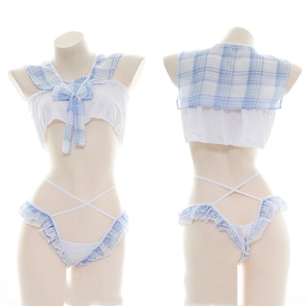 Sexy blue plaid bow knot maid outfit YC24323