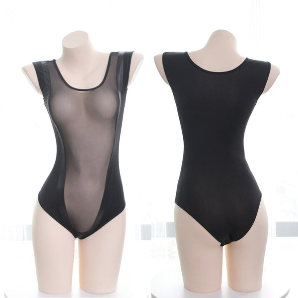 Semi-permeable mesh dark button swimsuit   YC21346