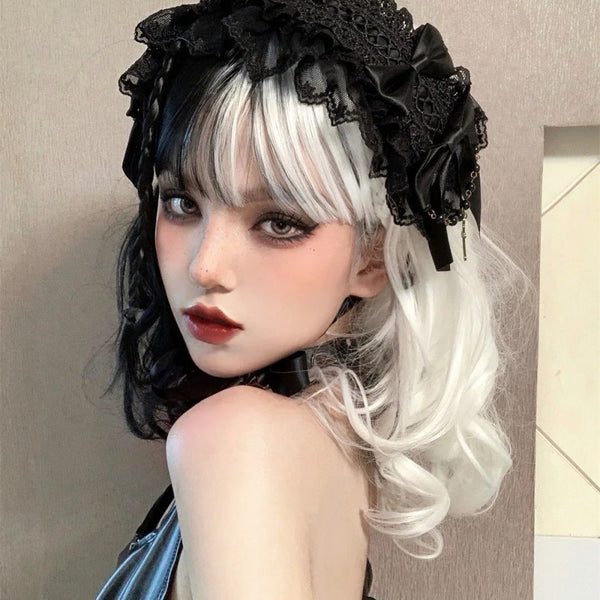Lolita White + Black Short Curly Wig YC24307