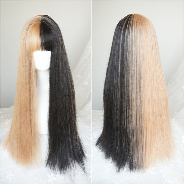 Harajuku Black + Yellow Long Straight Hair Wig YC24314