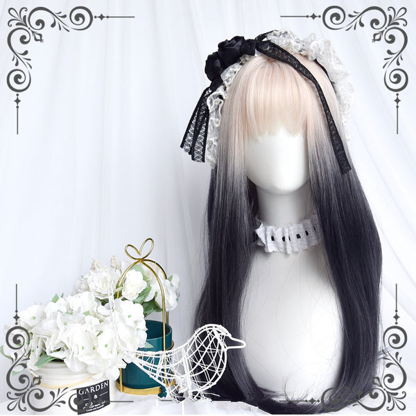 lolita beige gradient black long straight wig yc50123