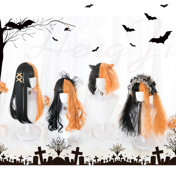 Lolita black orange straight curly hair wig yc22174