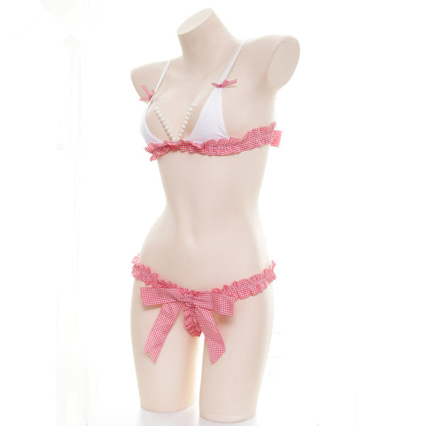 Sexy Pink Plaid Pearl Bikini Pajama Set  YC21339