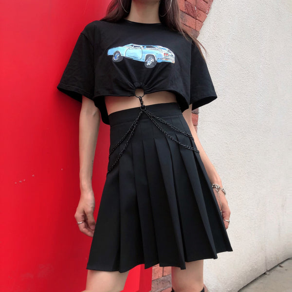 Black gray stitching pleated skirt yc22255