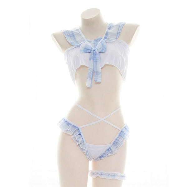 Sexy blue plaid bow knot maid outfit YC24323