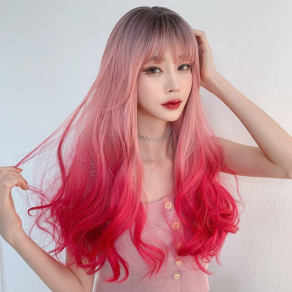 Lolita Pink red Gradient Curly Wig YC20359