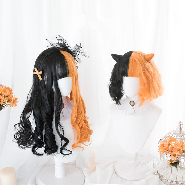 Lolita black orange straight curly hair wig yc22174