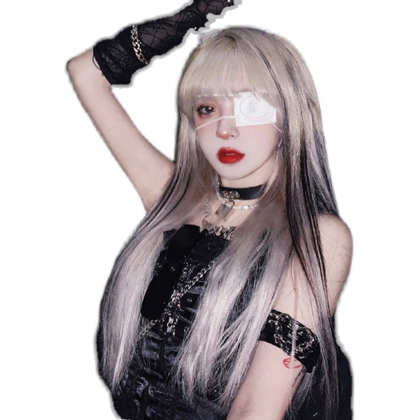 Harajuku Platinum High Gloss Black Long Straight Hair Wig YC24251