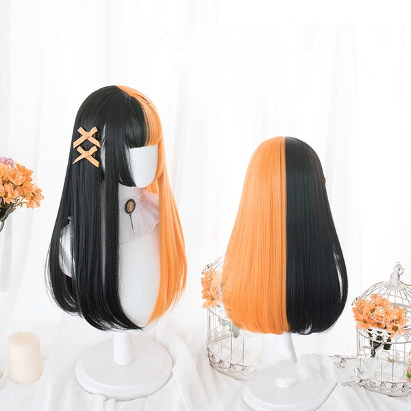 Lolita black orange straight curly hair wig yc22174