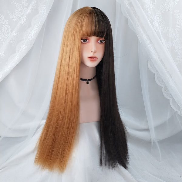 Harajuku Black + Yellow Long Straight Hair Wig YC24314