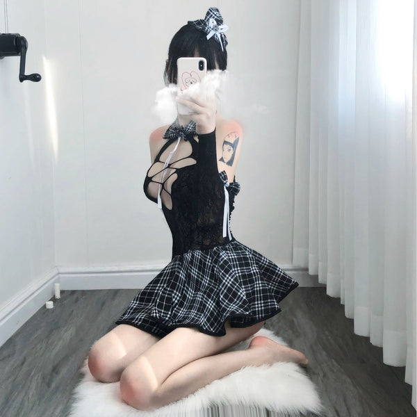 Sexy Lace Top Plaid Skirt Set yc22362